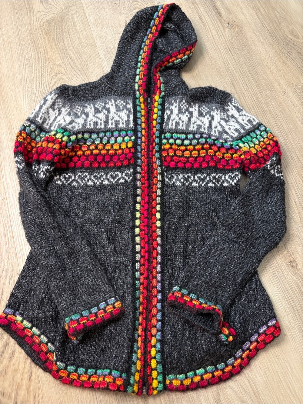 VTG Peruvian Hand Knit Hooded Alpaca Wool Zip Up Cardigan Sweater Gray XS/S
